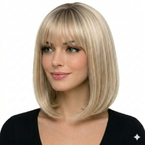 Peluca Rubia Platinada mediana con Flequillo