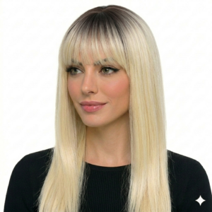 Peluca Rubia Platinada con Falso Crecimiento y Flequillo